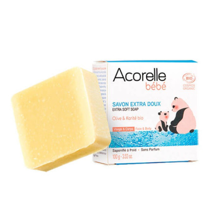 JABON PASTILLA EXTRA SUAVE BEBE ACEITE DE OLIVA Y KARITE 100Gr. ACORELLE