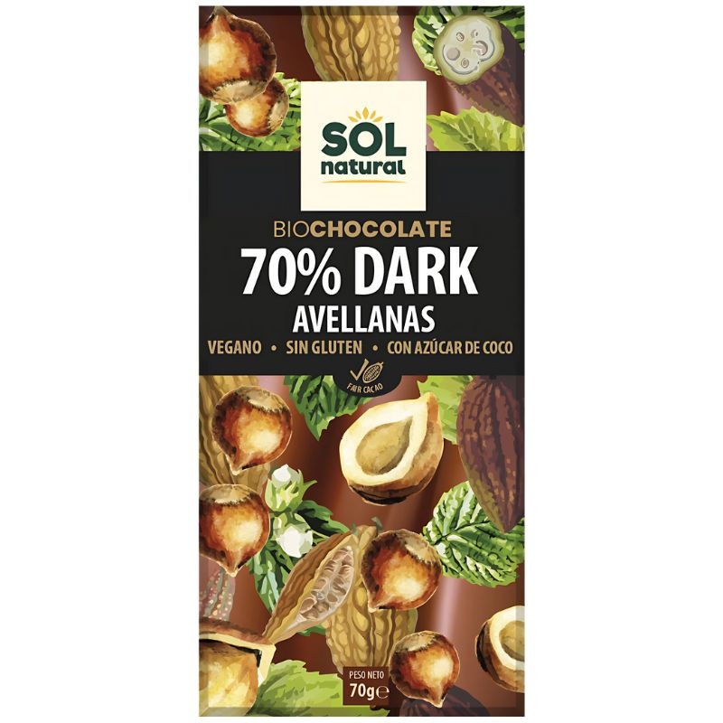 TABLETA CHOCOLATE DARK 70% Y AVELLANAS BIO 70G SOL NATURAL