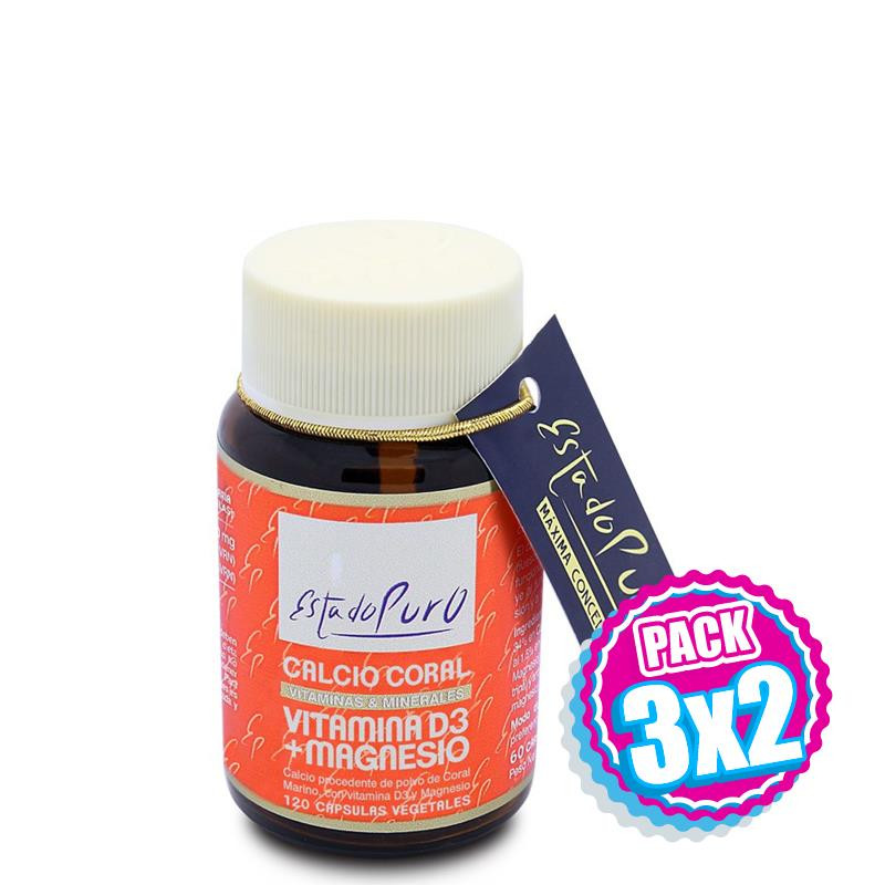 Pack 3x2 CALCIO CORAL, VITAMINA D3 Y MAGNESIO 120 CAPSULAS ESTADO PURO