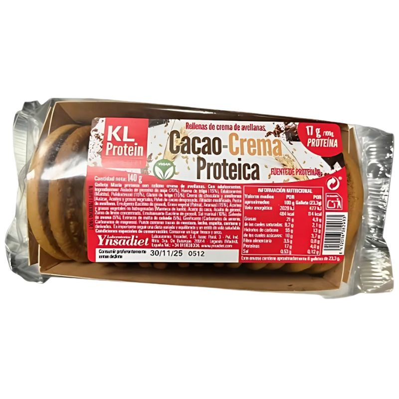 GALLETA MARÍA PROTEICA RELLENA CACAO Y AVELLANA 140G KL PROTEIN