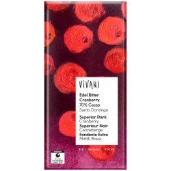 CHOCOLATE NEGRO SUPERIOR 70% CON ARÁNDANOS BIO 80G VIVANI