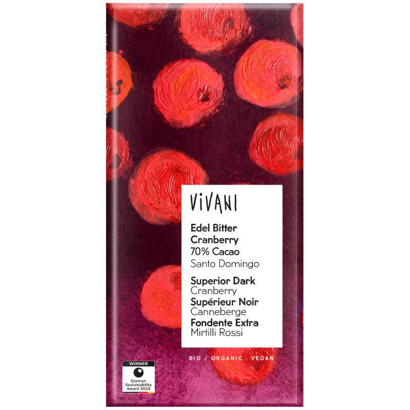 CHOCOLATE NEGRO SUPERIOR 70% CON ARÁNDANOS BIO 80G VIVANI