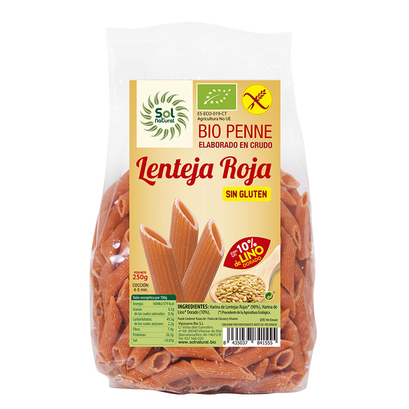 PENNE LENTEJAS ROJAS CON LINO BIO S/G 250Gr. SOL NATURAL