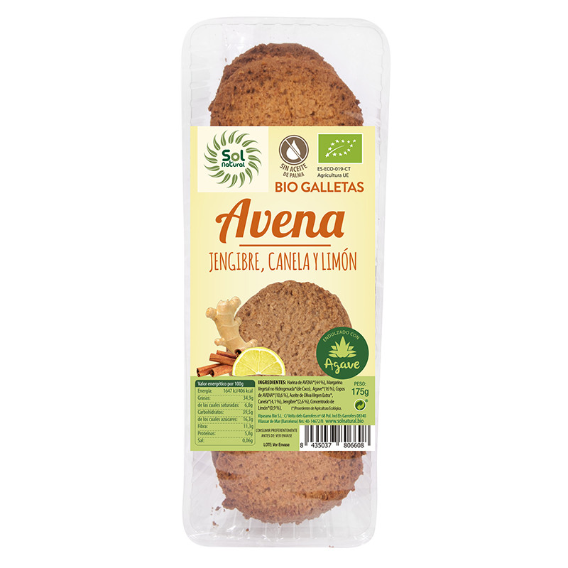 GALLETAS DE AVENA, JENGIBRE, CANELA Y LIMON 175Gr. SOL NATURAL