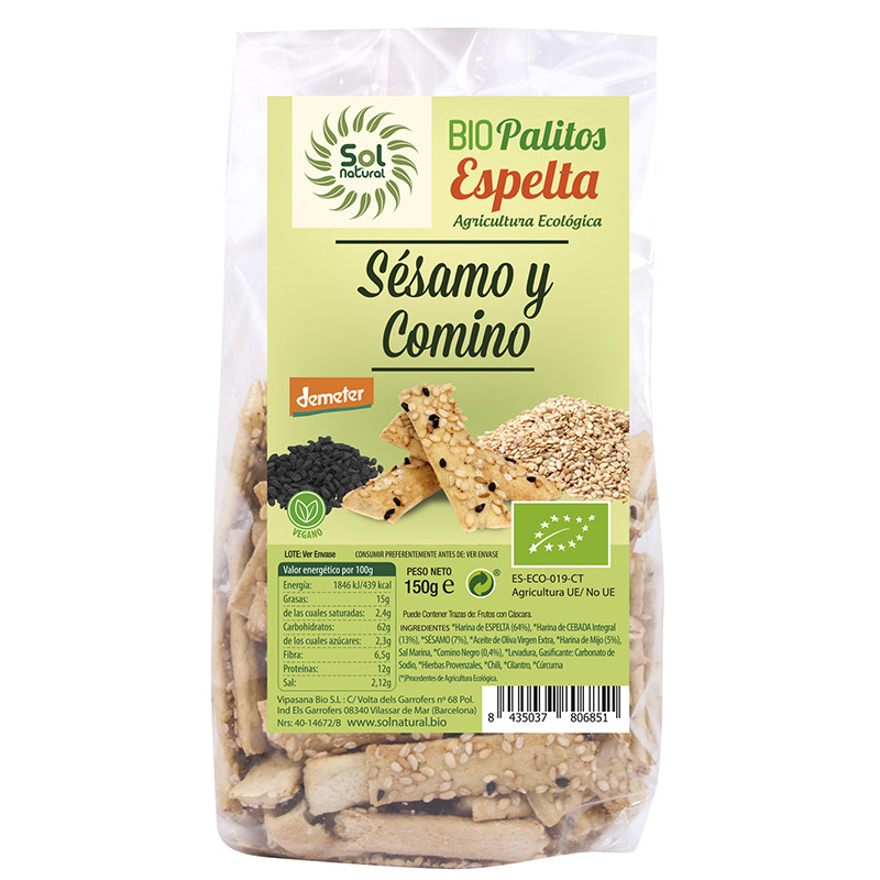 PALITOS DE ESPELTA CON SESAMO Y COMINO NEGRO BIO 150Gr. SOL NATURAL