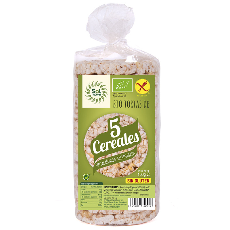 TORTAS DE 5 CEREALES BIO S/G 100Gr. SOL NATURAL