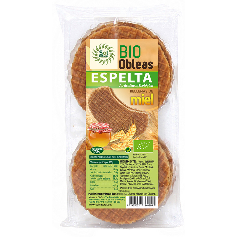 WAFELS DE ESPELTA CON MIEL BIO 175Gr. SOL NATURAL